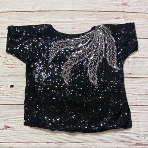 Vintage 80s Black and Silver Silk Sequin Top Sz M